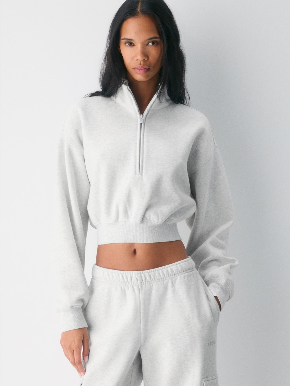 Aritzia Tna Cozy Sweatfleece Perfect Fit Crop 1/2 Zip - Heather Cloud White